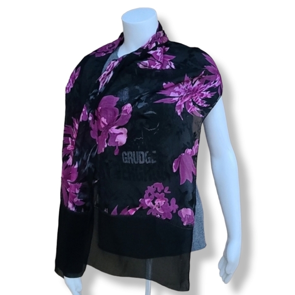 EGYPT Black Purple Floral Rectangular Scarf Semi Sheer Burnout Wrap Shayla Hijab - Picture 13 of 15